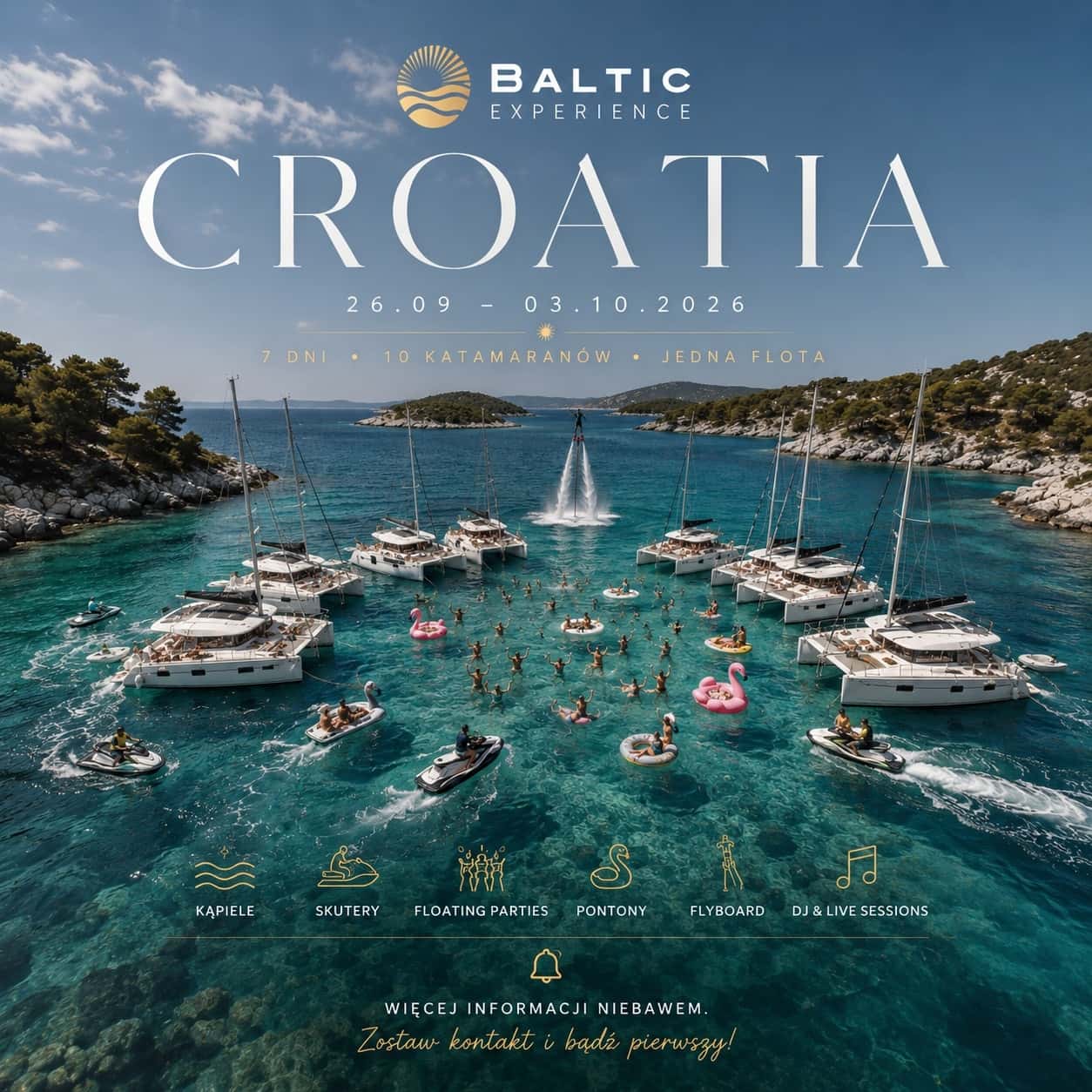 Flota katamaranów Baltic Experience w turkusowej zatoce w Chorwacji, ludzie w wodzie, skutery i pontony, grafika zapowiadająca Croatia 2026.
