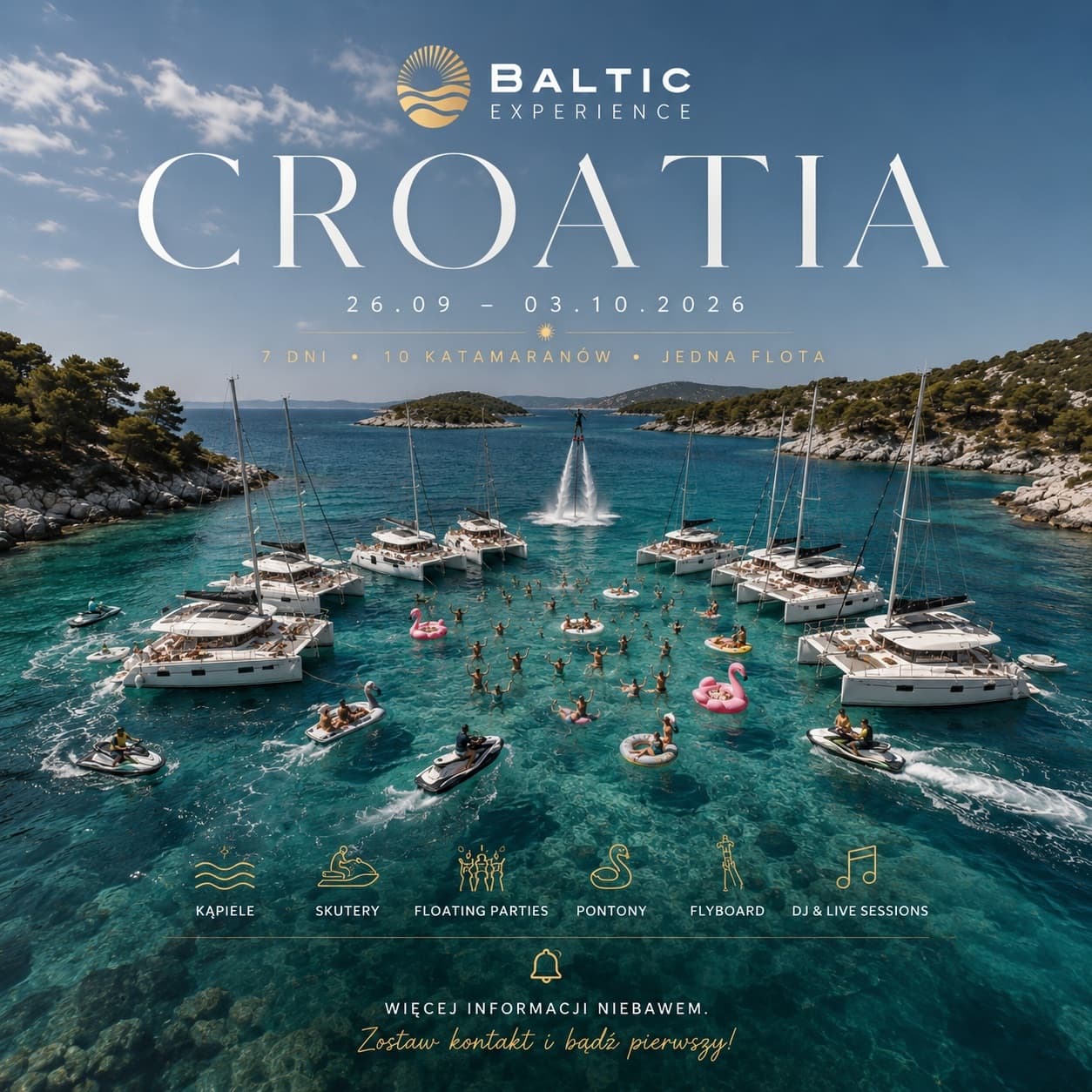Flota katamaranów Baltic Experience w turkusowej zatoce w Chorwacji, ludzie w wodzie, skutery i pontony, grafika zapowiadająca Croatia 2026.