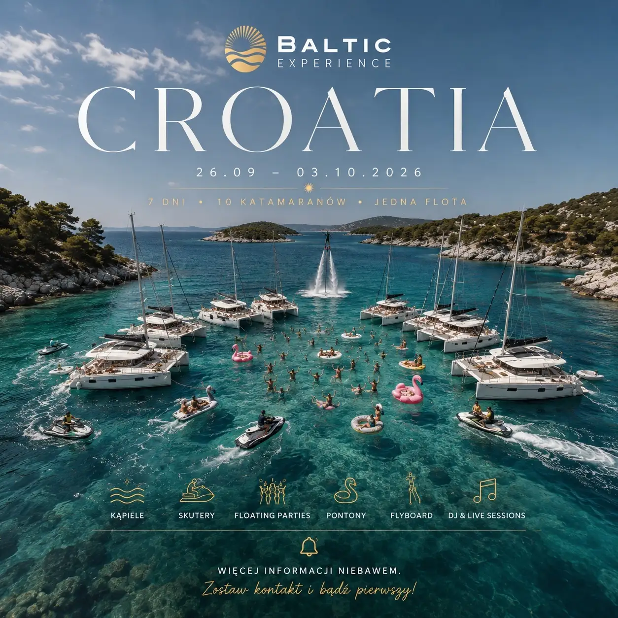 Flota katamaranów Baltic Experience w turkusowej zatoce w Chorwacji, ludzie w wodzie, skutery i pontony, grafika zapowiadająca Croatia 2026.
