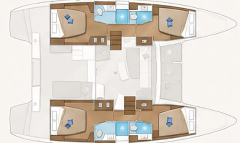Plan pokładu katamaranu Lagoon 42: cztery kajuty z łazienkami i panoramiczny salon.